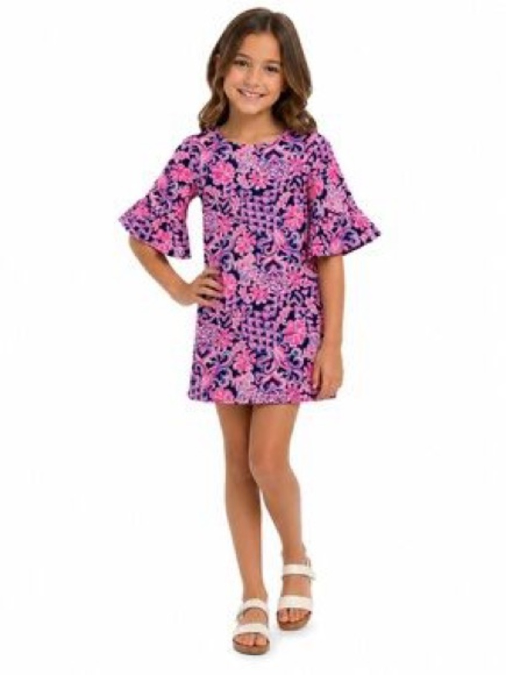 Lilly Pulitzer Girls' Pink Floral Shift Dress with Bell Sleeves